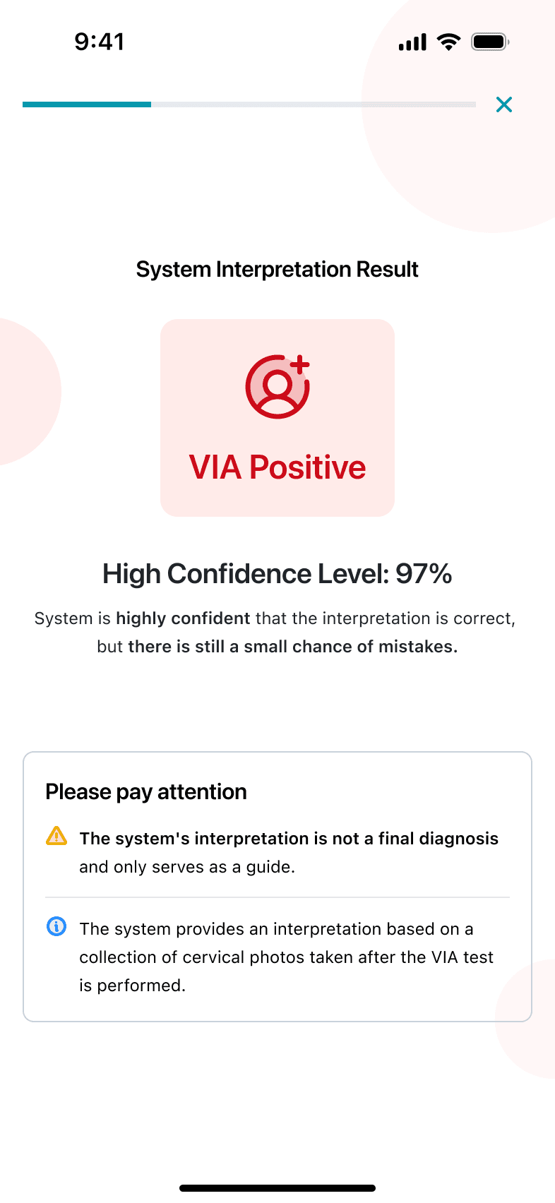 HerLens result screen showing a VIA Positive interpretation with a 97% confidence level