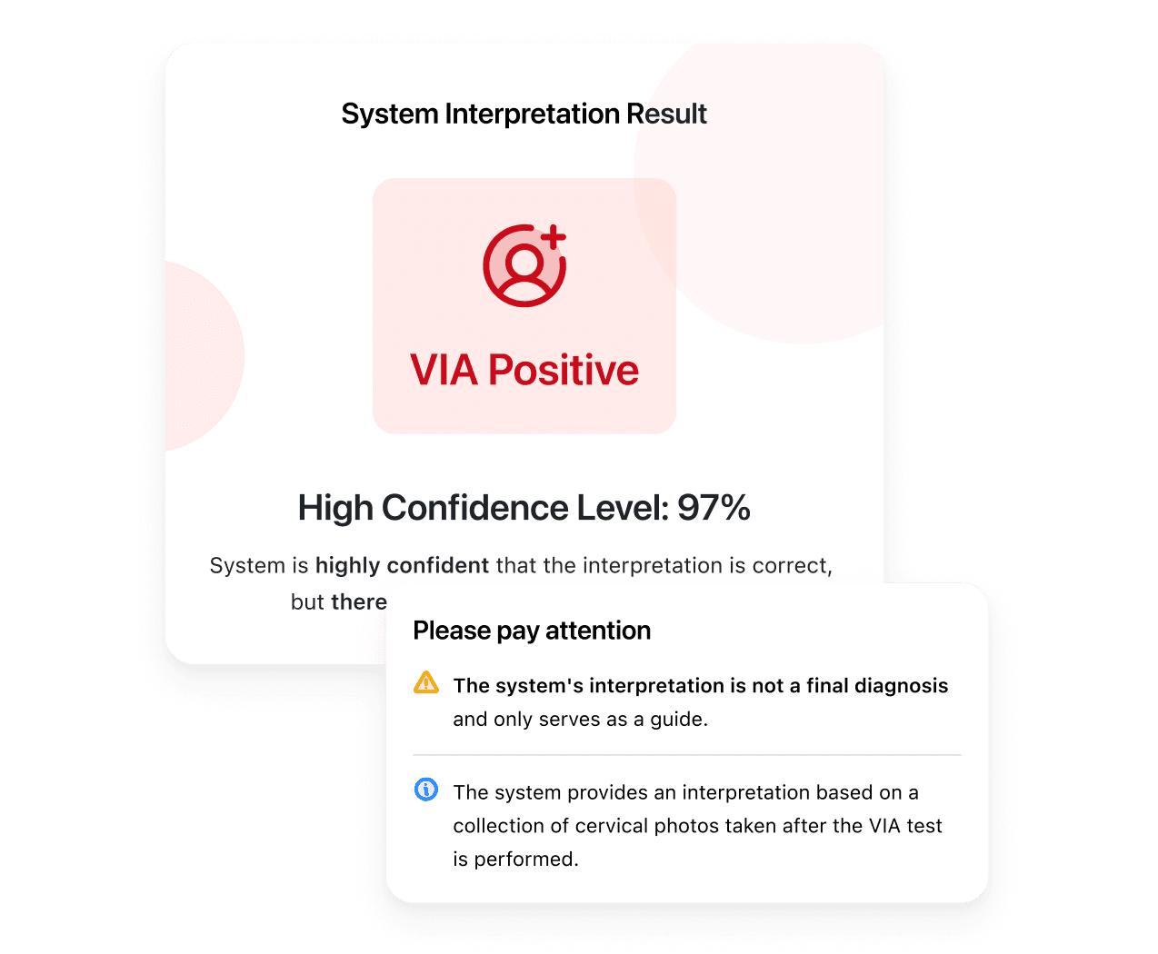 System interpretation result showing VIA Positive with a 97% confidence level and a reminder that it isn't a final diagnosis