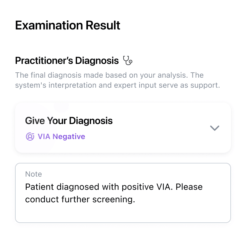Examination result screen where the practitioner gives their diagnosis and adds a clinical note