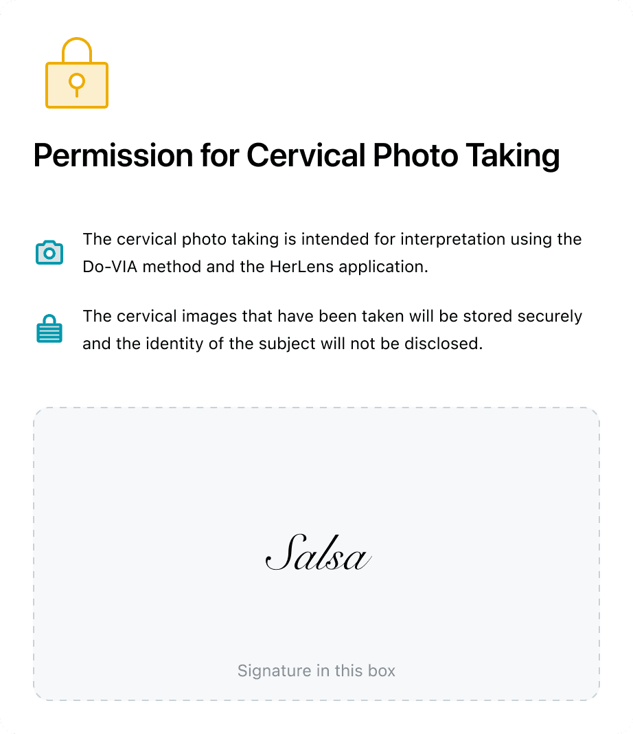 Consent screen for cervical photo taking with the patient's signature