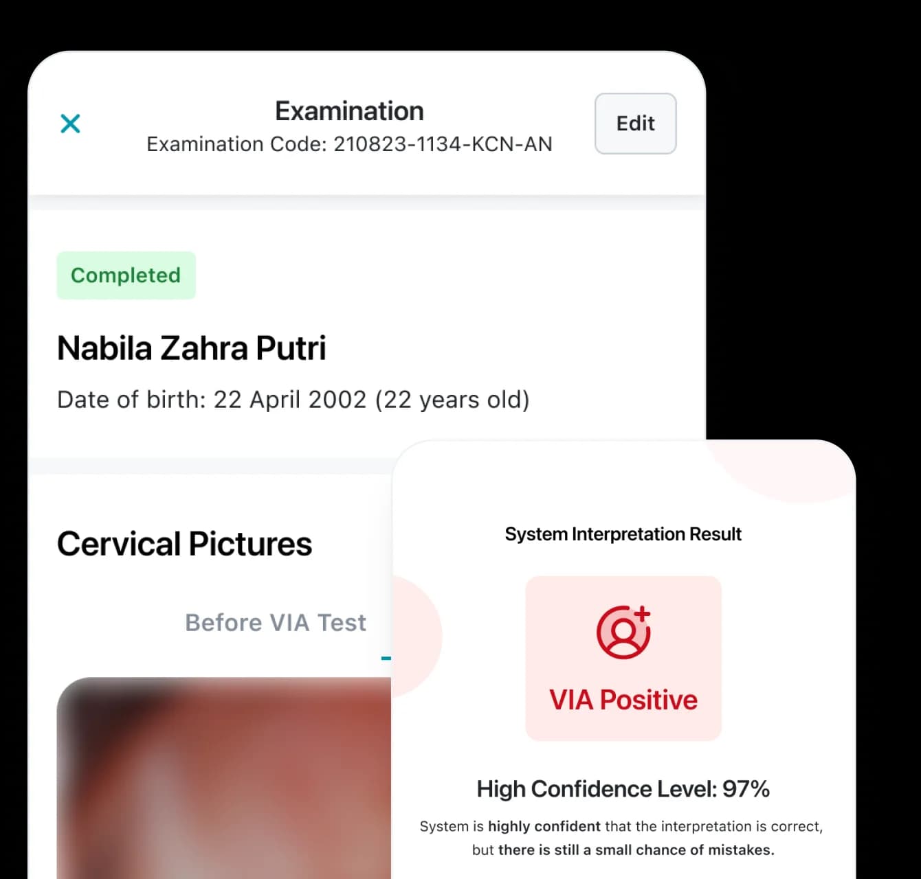 HerLens examination screen for a patient, overlaid with a VIA Positive system interpretation at 97% confidence