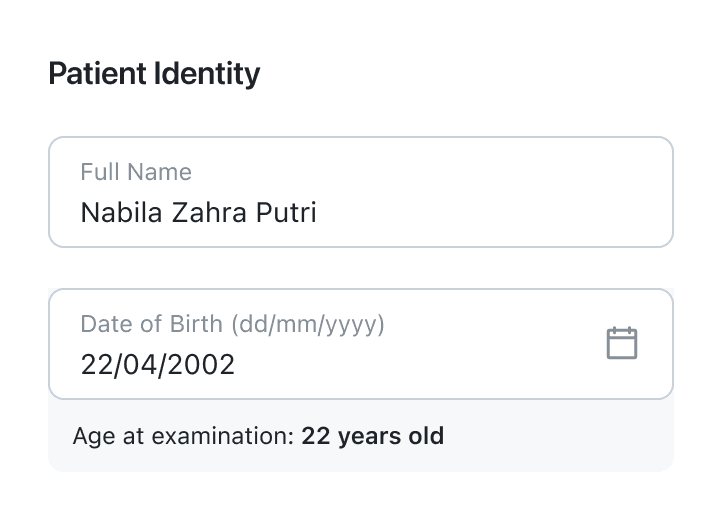 Patient identity form with full name, date of birth, and calculated age at examination