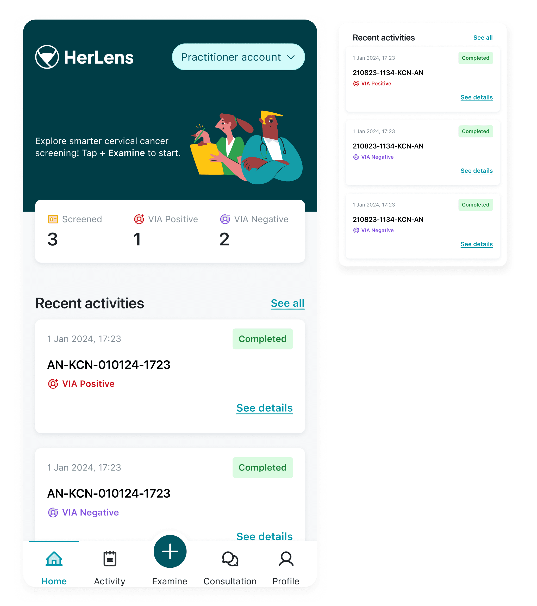 Layar beranda HerLens dengan total skrining dan pemeriksaan terbaru, di samping daftar pemeriksaan yang telah selesai
