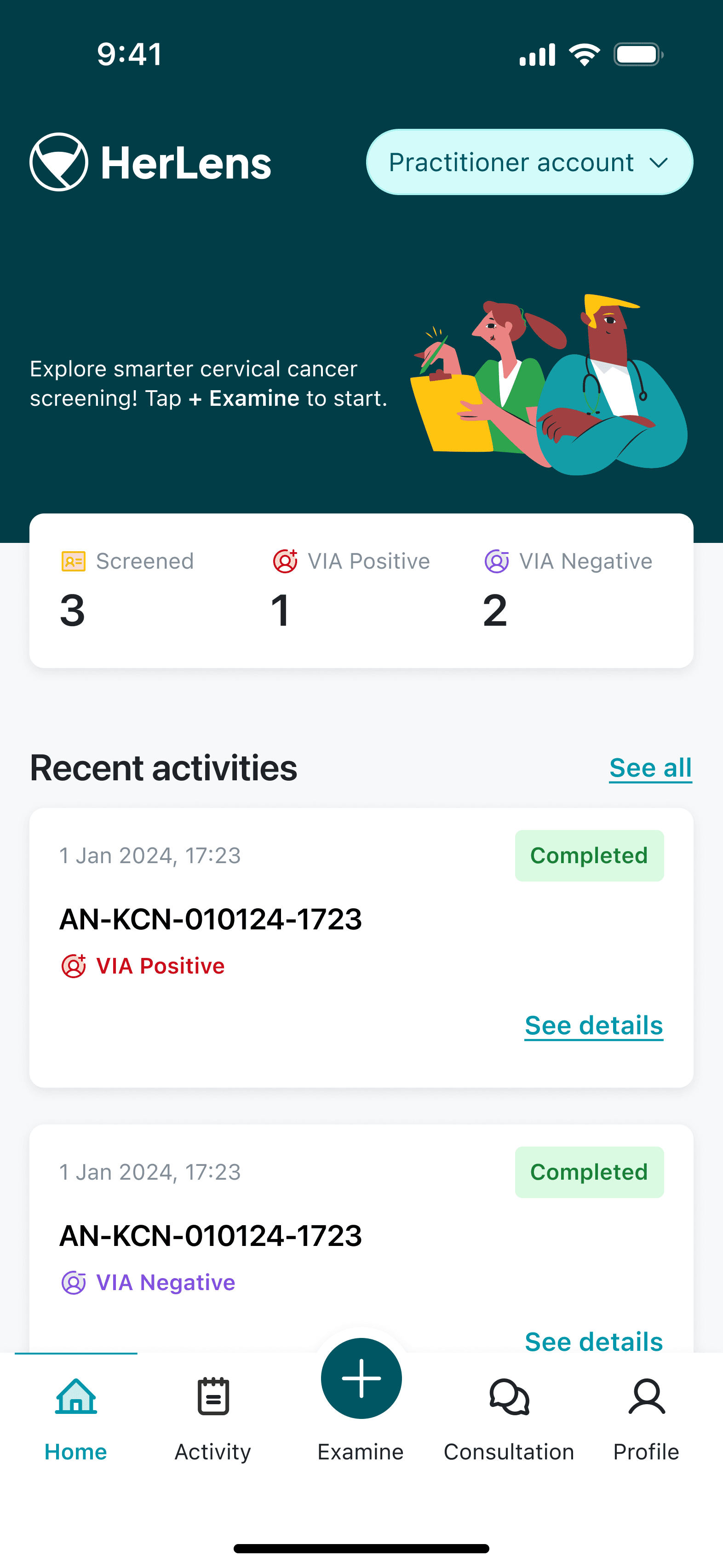 HerLens home screen summarizing screened, VIA positive, and VIA negative examinations