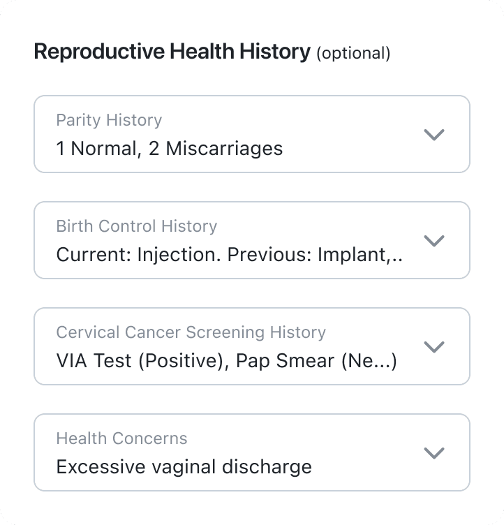 Reproductive health history form with parity, birth control, screening history, and health concerns