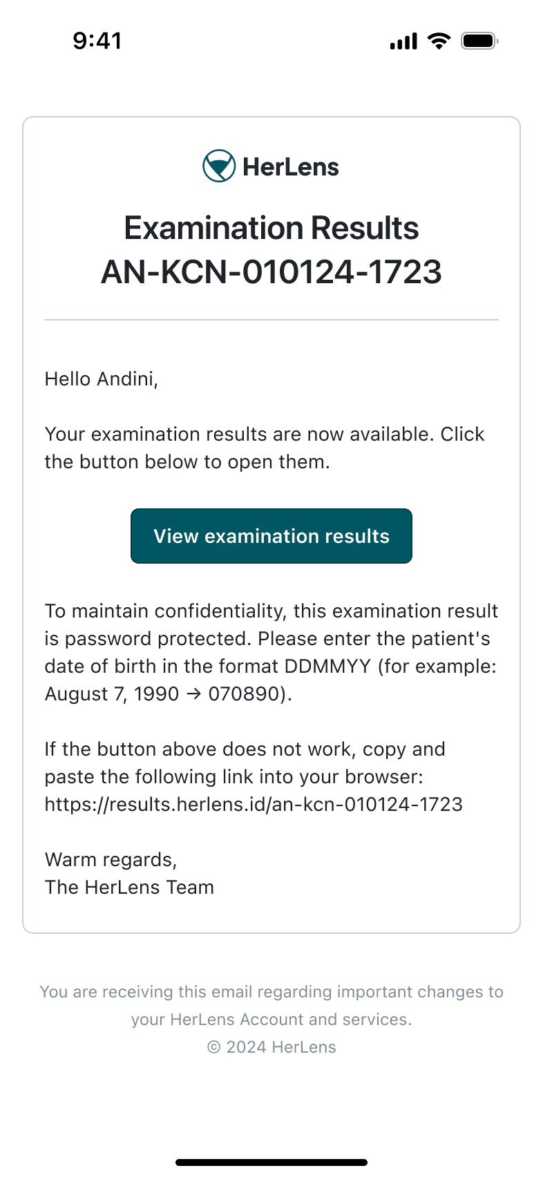 Examination results email with a button to open the results securely